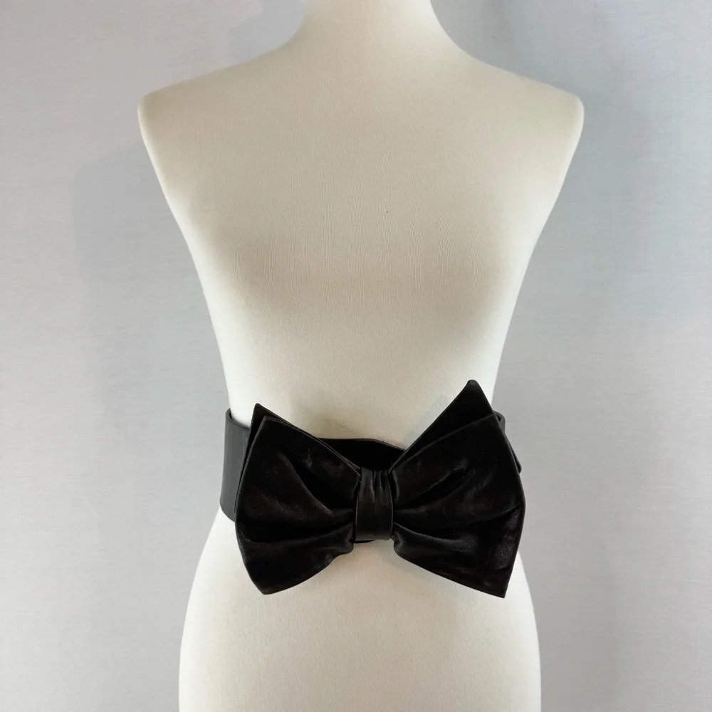 Jill Stuart Vintage Black Genuine Leather Bow Tie Wide Belt